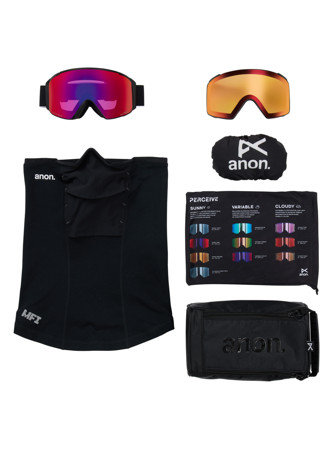 M4S Goggles (Cylindrical) + Bonus Lens + MFI® Face Mask - Black/Perceive Sunny Red